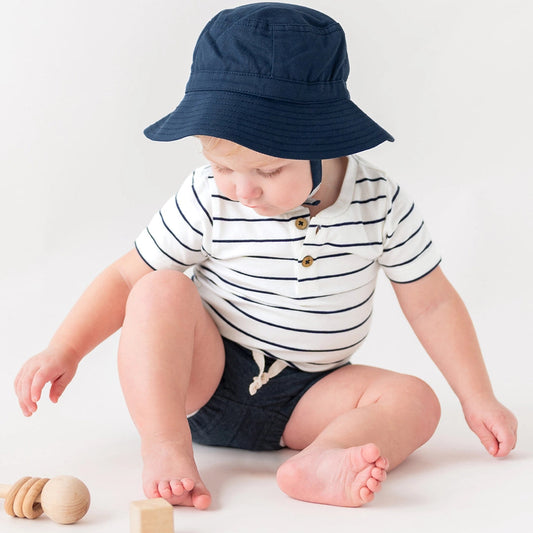 Stripe Short Sleeve Henley Onesie, White/Navy