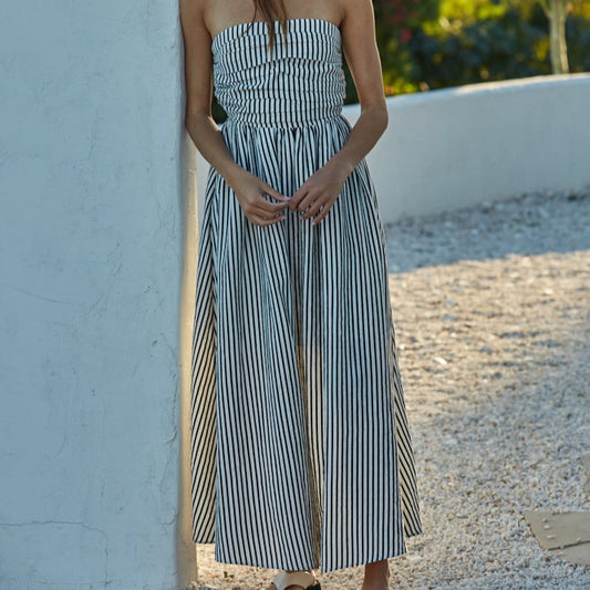 Striped Strapless Maxi Dress, Dusty Blue