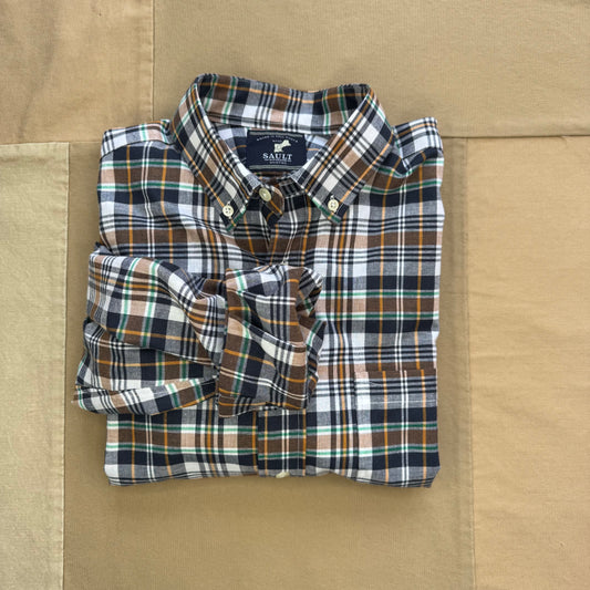 Long-Sleeve Madras Button Down, Brown/Navy Plaid