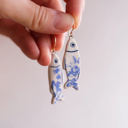 Porcelain Sardine Fish Earrings Floral White