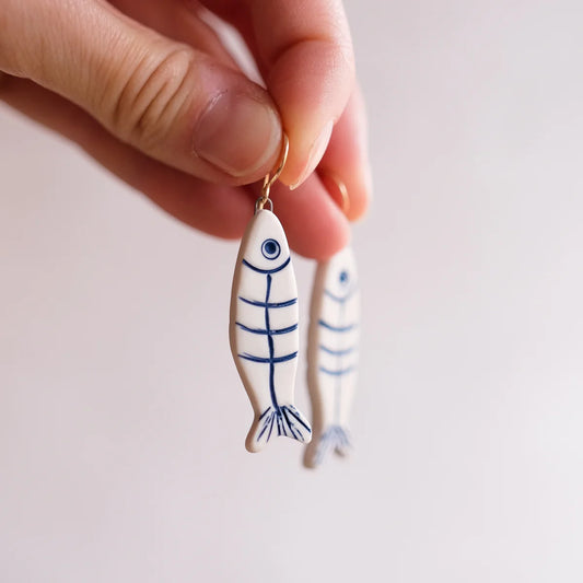Porcelain Sardine Fish Earrings Fishbone White