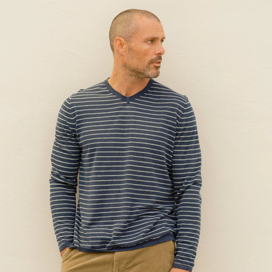 Striped V-Neck Cotton Linen Sweater, Navy Stripe