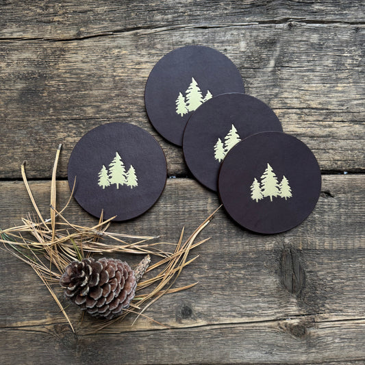 Leather Pine Tree Coasters, Dark Brown