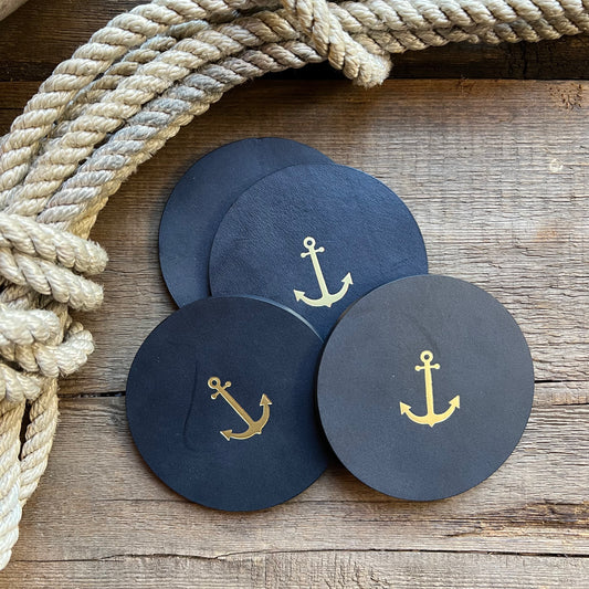 Leather Anchor Coasters, Navy