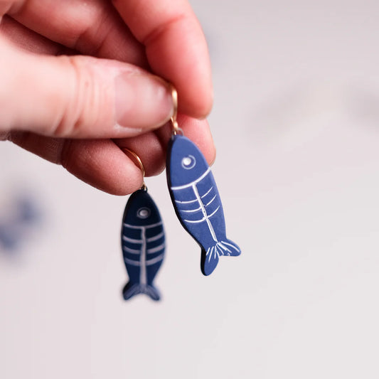 Porcelain Sardine Fish Earrings Fishbone Navy