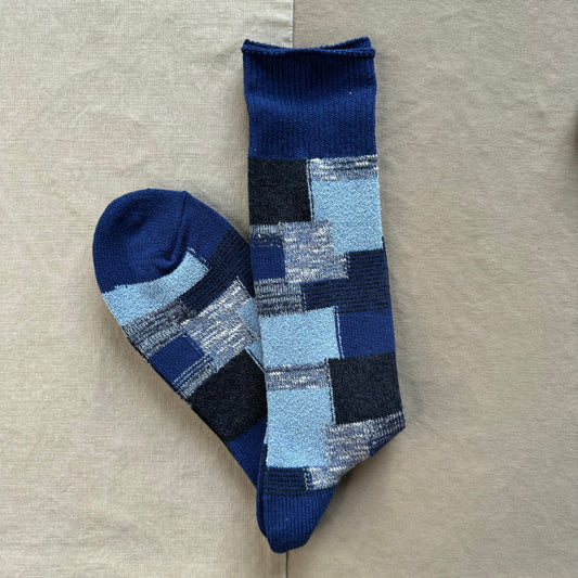 Patchwork Crew Socks, Blue/Grey