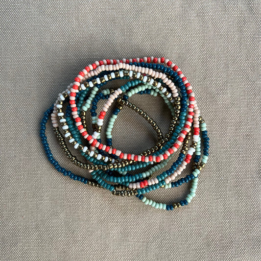 Sage Beaded Mixed Stripe Bracelets, Teal/Poppy