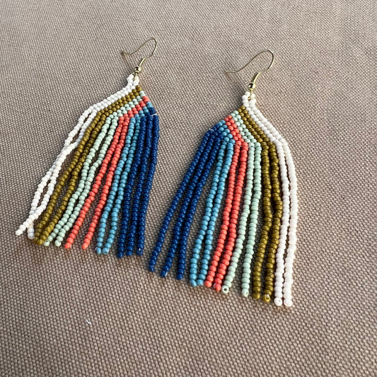 Dolly Stripe Beaded Fringe Earrings, Coastal