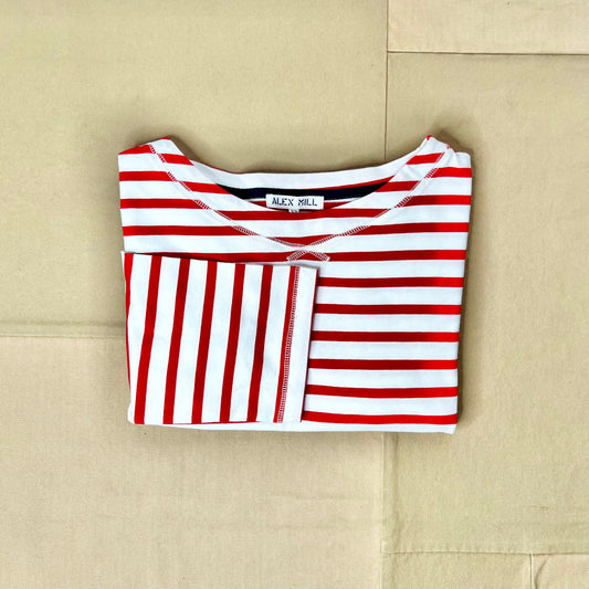 Striped Marseille Boatneck Tee, Red/Ivory