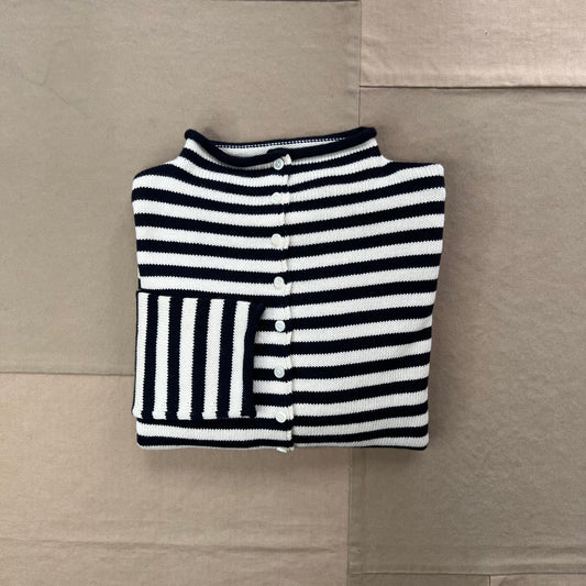 Taylor Roll Neck Cardigan in Cotton Cashmere, Navy/Ivory