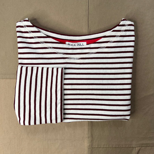 Marseille Boatneck Striped Tee in Cotton, Off White/Burgundy