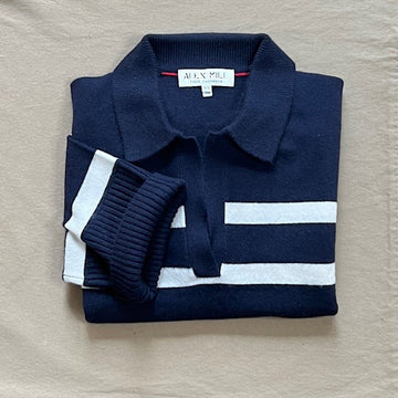 Isa Polo Pullover In Cashmere, Navy/White