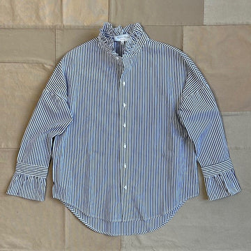 Easy Ruffle Shirt in Cotton, Skinny Stripe: Navy/White