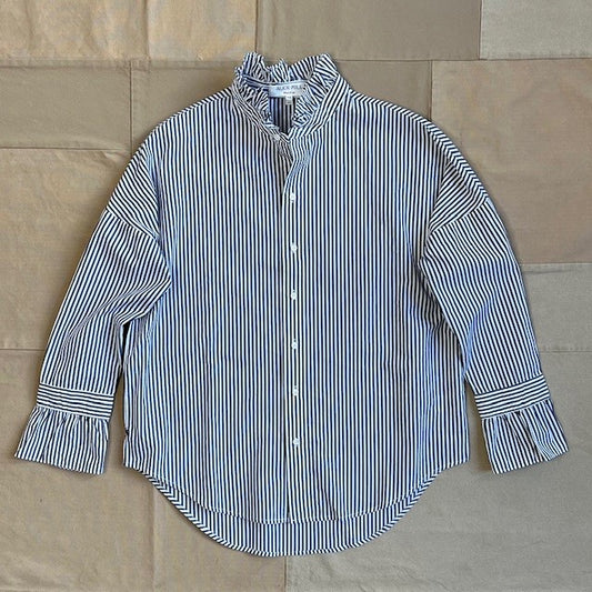 Easy Ruffle Shirt in Cotton, Skinny Stripe: Navy/White