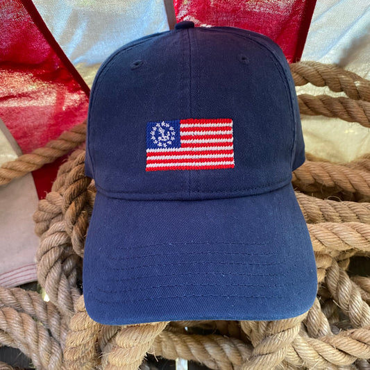 Nautical American Flag Needlepoint Cap, Navy