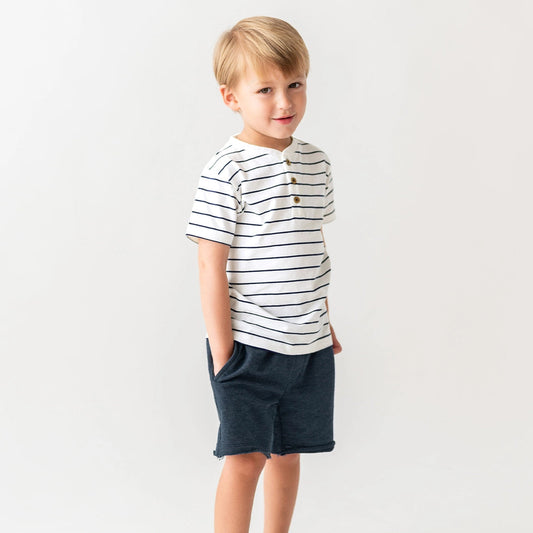 Kid's Stripe Short Sleeve Henley, White/Navy