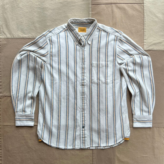 7oz Two Ply Oxford Weave Cotton Shirt, White Blue Gold Stripe