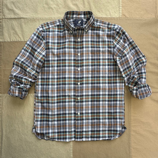 Long-Sleeve Madras Button Down, Brown/Navy Plaid