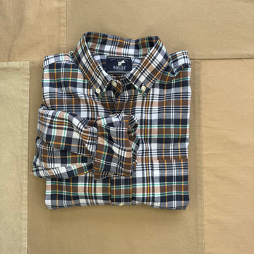 Long-Sleeve Madras Button Down, Brown/Navy Plaid
