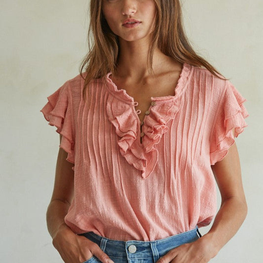 Woven Button V-Neck Short Sleeve Top, Dusty Coral