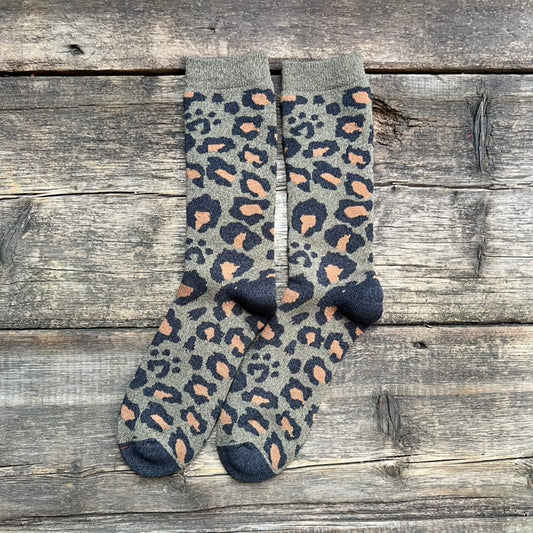 Pile Leopard Crew Socks, Dark Olive
