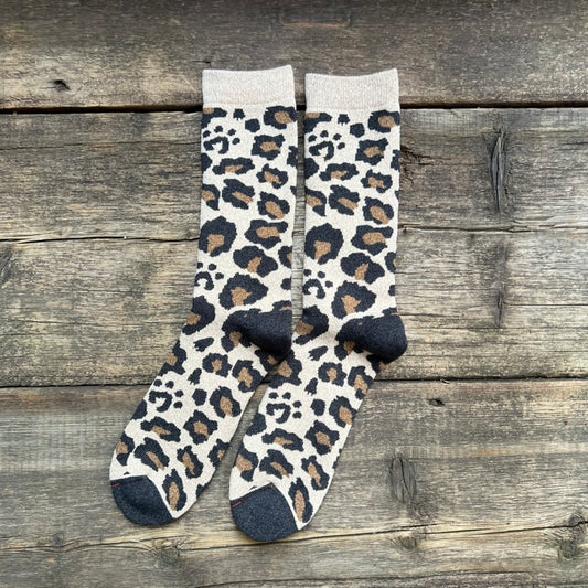 Pile Leopard Crew Socks, Beige