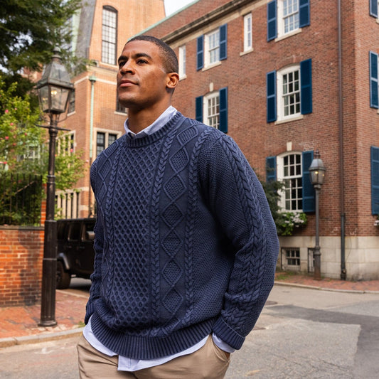 Stonewashed Cable Knit Sweater, Navy