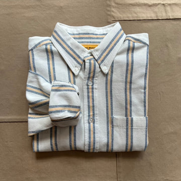 7oz Two Ply Oxford Weave Cotton Shirt, White Blue Gold Stripe