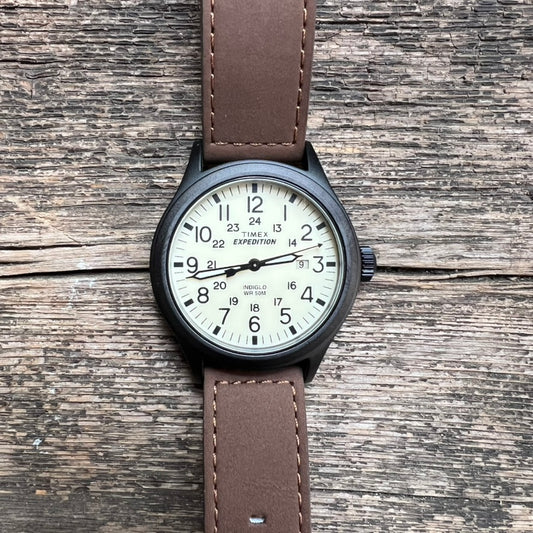 Expedition Scout 40mm Leather Strap Watch, Brown/Black