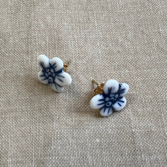 Flower Bloom Earrings, Blue and White