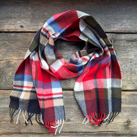 Classic Tartan Brushed Cashmere Scarf, Red/Blue/Beige