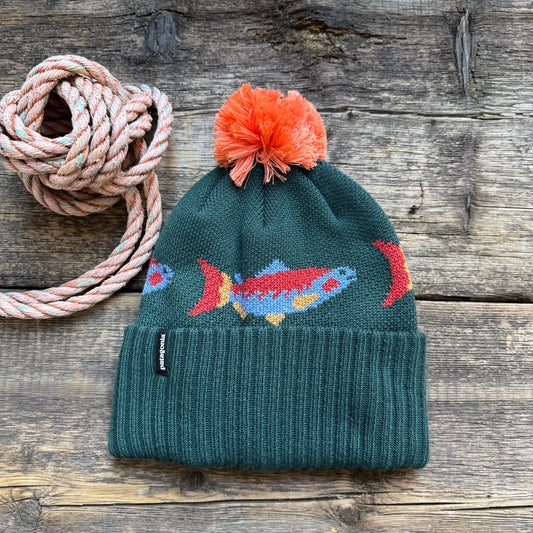 Powder Town Beanie, Salmon Energy Stripe: Old Growth Green