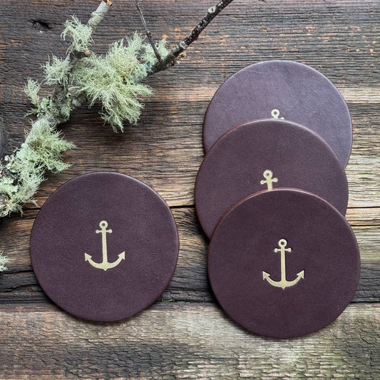 Leather Anchor Coasters, Dark Brown