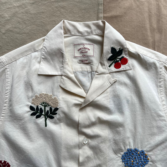 Embroidered Flowers Camp Collar Shirt, Cream