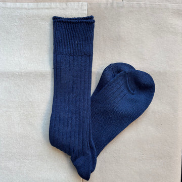 Linen Cotton Ribbed Crew Sock, Navy