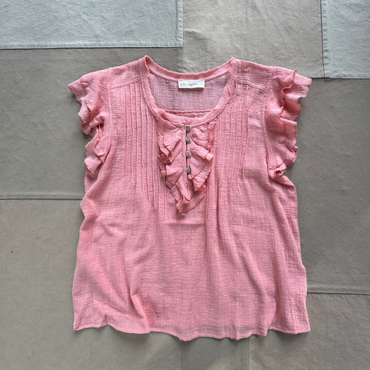 Woven Button V-Neck Short Sleeve Top, Dusty Coral