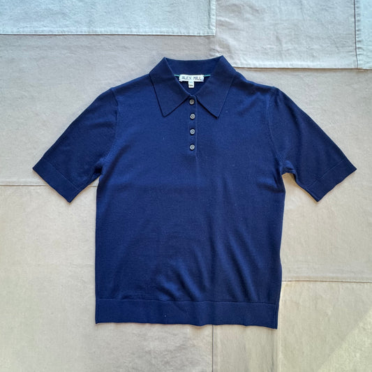 Ava Short Sleeve Polo in Extrafine Merino Wool, Navy