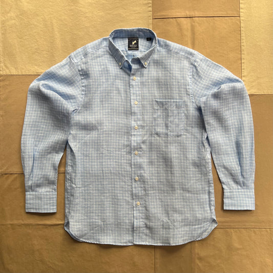 Linen Windowpane Button Down, Light Blue
