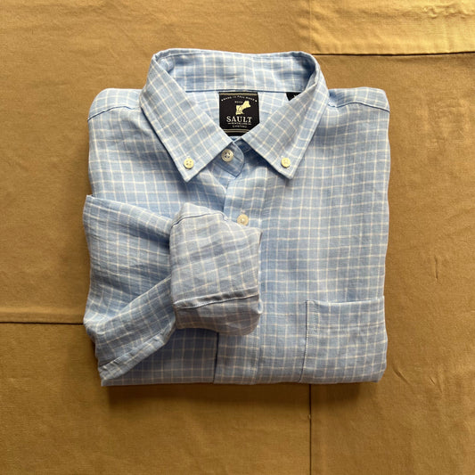 Linen Windowpane Button Down, Light Blue