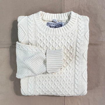 Mid-Weight Cotton Cable Knit Crew Neck Sweater, Ivory