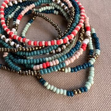 Sage Beaded Mixed Stripe Bracelets, Teal/Poppy