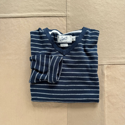 Striped V-Neck Cotton Linen Sweater, Navy Stripe