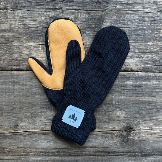 Wool Deerskin Mitten, Navy/Natural