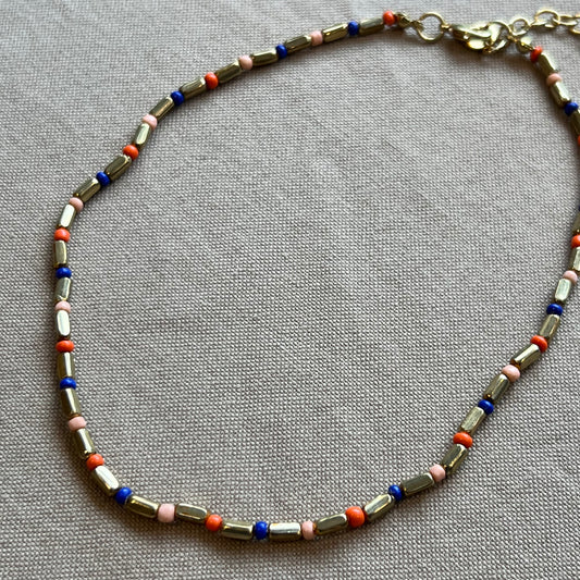 Brass Beaded Necklace, Lapis/Pink