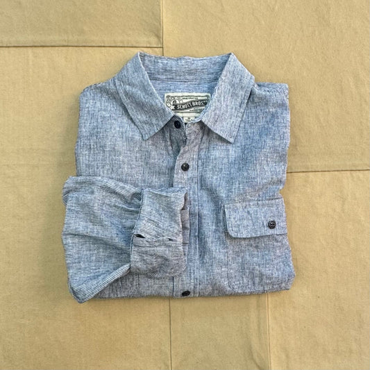 Long Sleeve Cotton Shirt in Indigo, Ticking Cloth