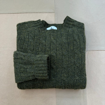 Shetland Wool Cable Crew Sweater, Pine Shadow