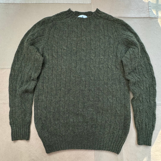 Shetland Wool Cable Crew Sweater, Pine Shadow