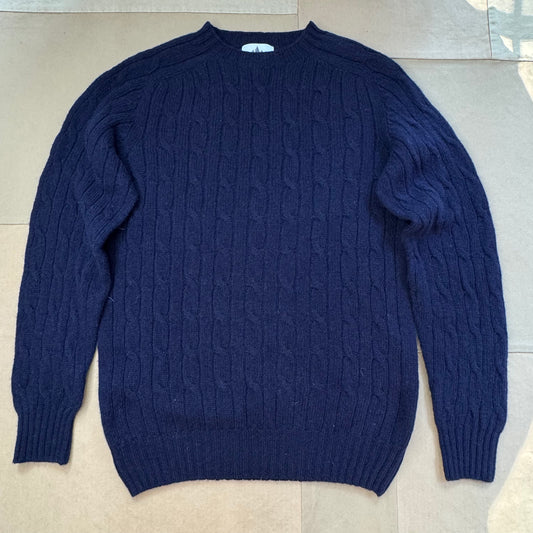 Shetland Wool Cable Crew Sweater, New Navy