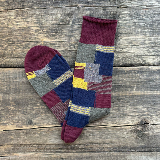 Patchwork Crew Socks, Wine