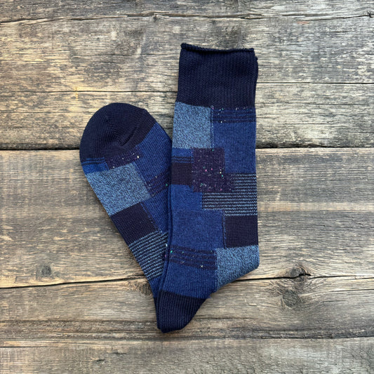 Patchwork Crew Socks, Navy